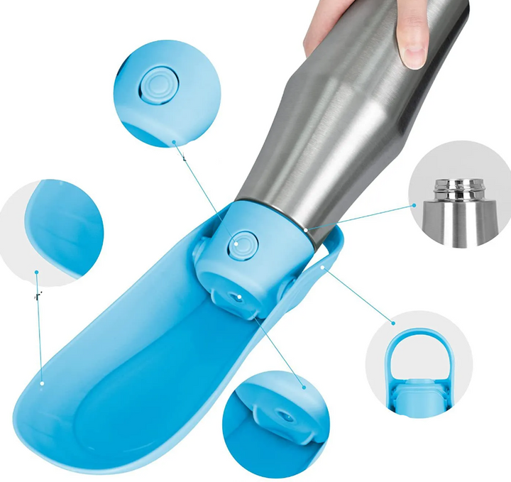 Portable puppy gear: stainless steel dog water bottle with easy-to-use travel bowl for hydration.