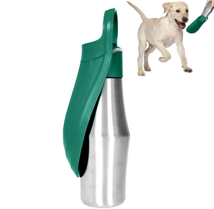 Dog travel essential: unisex stainless steel water bottle and pet travel bowl for active dogs.