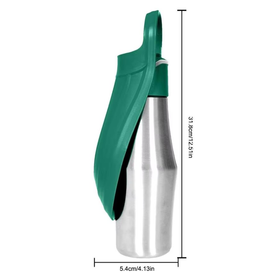 Outdoor dog gear: portable stainless steel water bottle with travel bowl for walks and hikes.