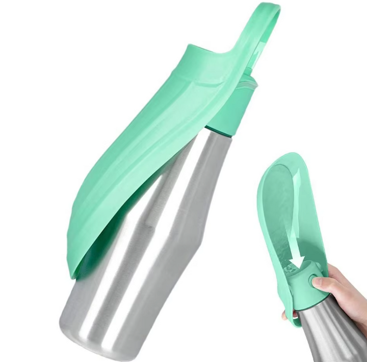 Compact stainless steel dog water bottle with a collapsible bowl, ideal for pet owners on the move.