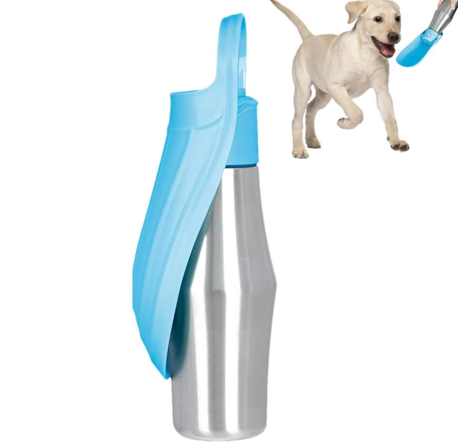 Unisex stainless steel dog water bottle and bowl combo, ensuring your dog stays hydrated anywhere.