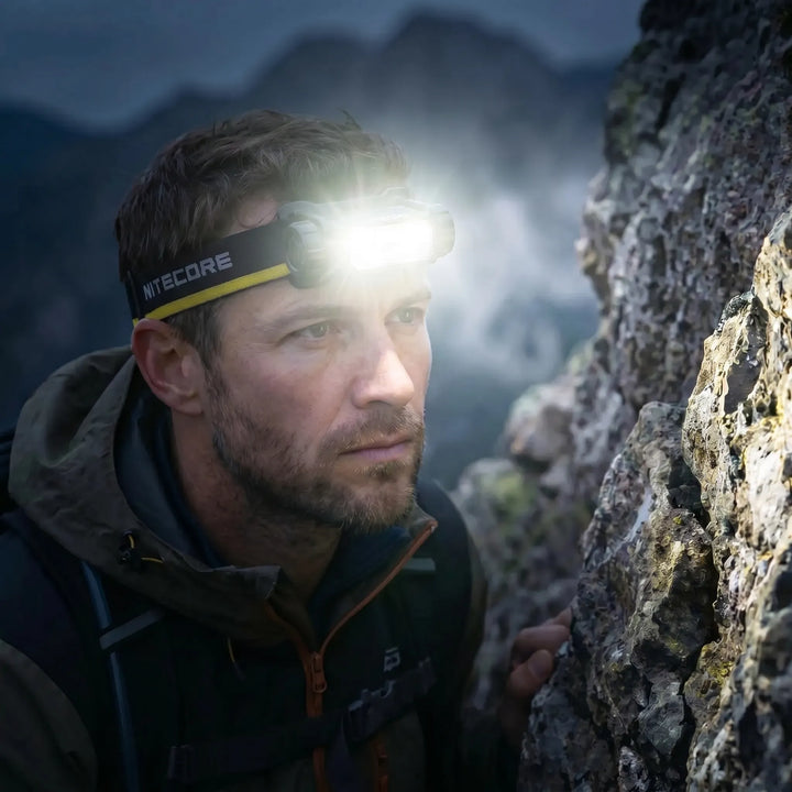 Unisex powerful USB-C rechargeable LED headlamp for hiking, camping, & hands-free work tasks.