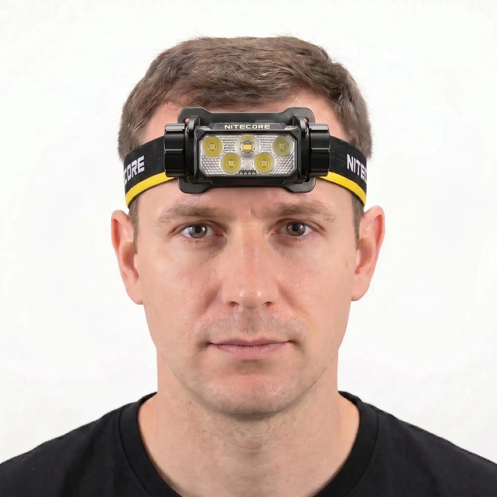 Modern USB-C powerful LED headlamp, hands-free & rechargeable, perfect for work, hiking, & camping.