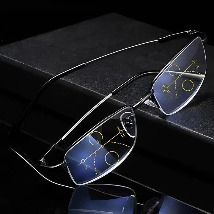 Unisex progressive reading glasses with blue light filter for comfortable digital screen use.