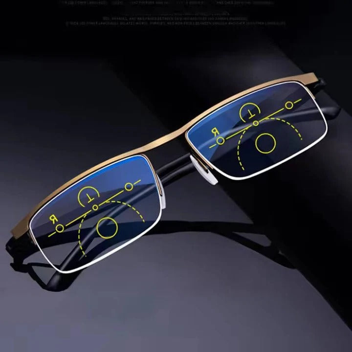 Stylish unisex progressive eyewear, anti-glare, blue light & UV protection for optimal vision.