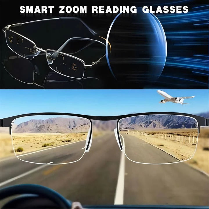Smart unisex multifocal glasses offering UV & blue light protection for clear vision.