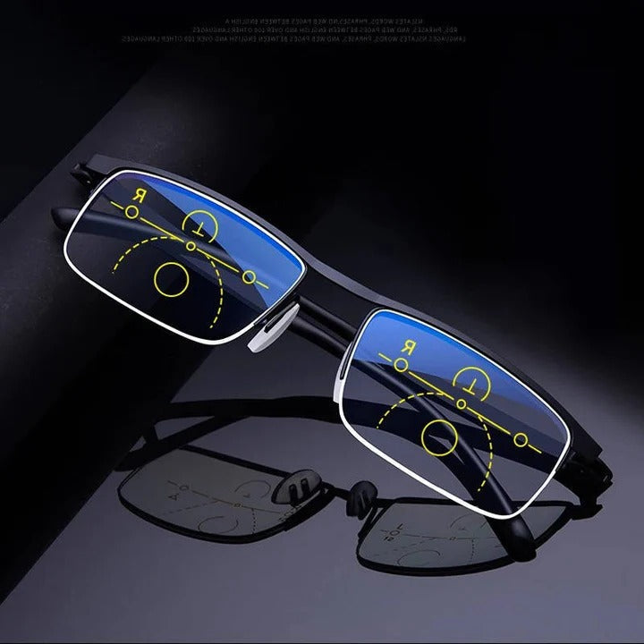 Photochromic progressive glasses, unisex, blue light & UV protection for reading.