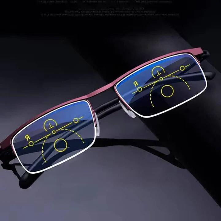 Unisex progressive glasses for reading, blue light filter, UV protection, anti-glare.