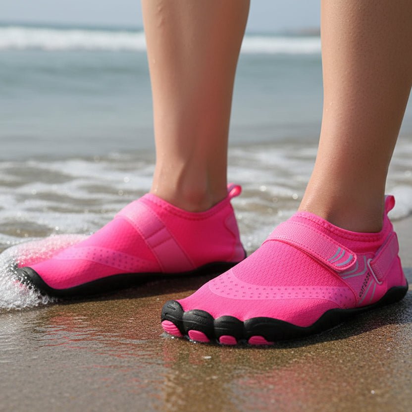 Close-up of lightweight unisex water shoes with breathable mesh, designed for comfort during water sports & beach days.
