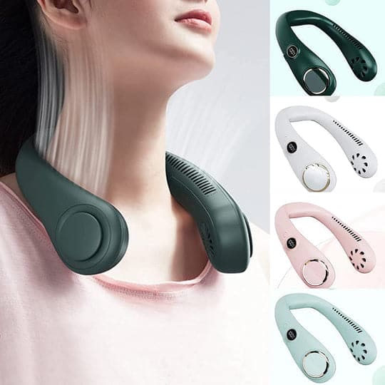 Unisex rechargeable bladeless neck fan providing instant cooling. Portable, hands-free personal cooler for summer.