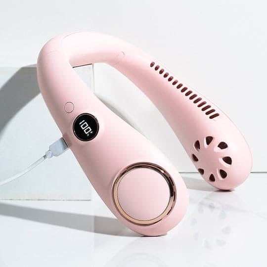 Wearable bladeless neck fan for hands-free cooling. Rechargeable & portable, ideal personal cooler for outdoor activities.