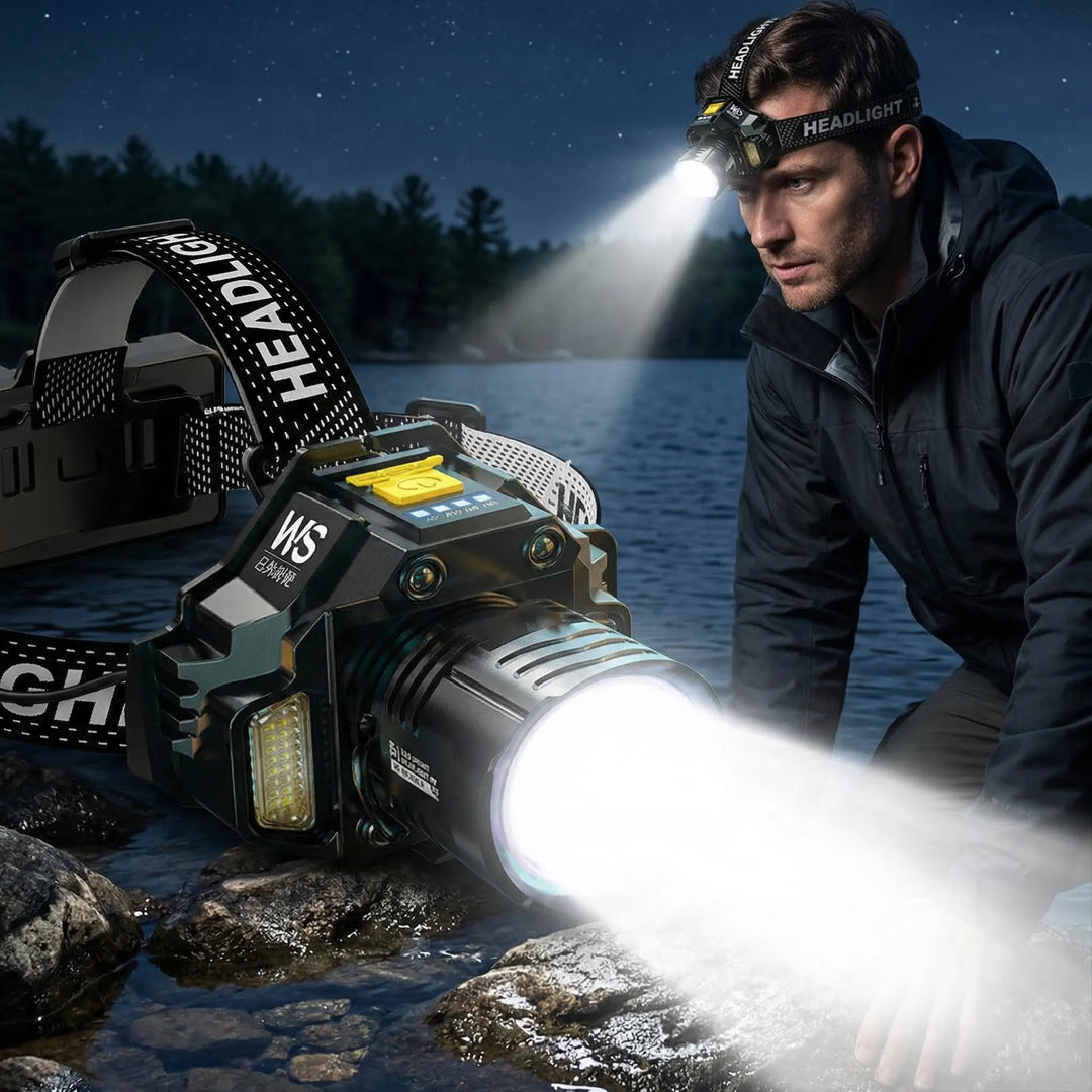 Unisex rechargeable COB LED headlamp with motion sensor, ideal for hands-free outdoor activities like camping & hiking.