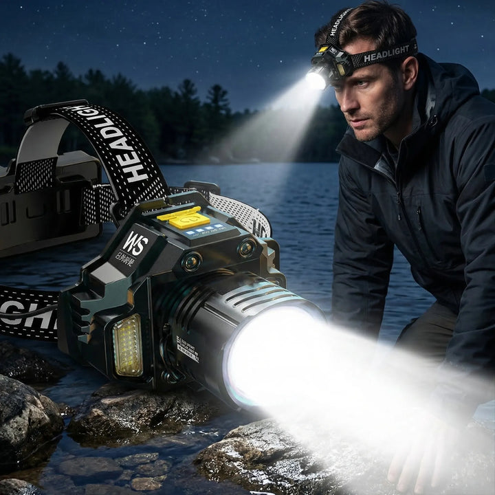 Unisex rechargeable COB LED headlamp with motion sensor, ideal for hands-free outdoor activities like camping & hiking.