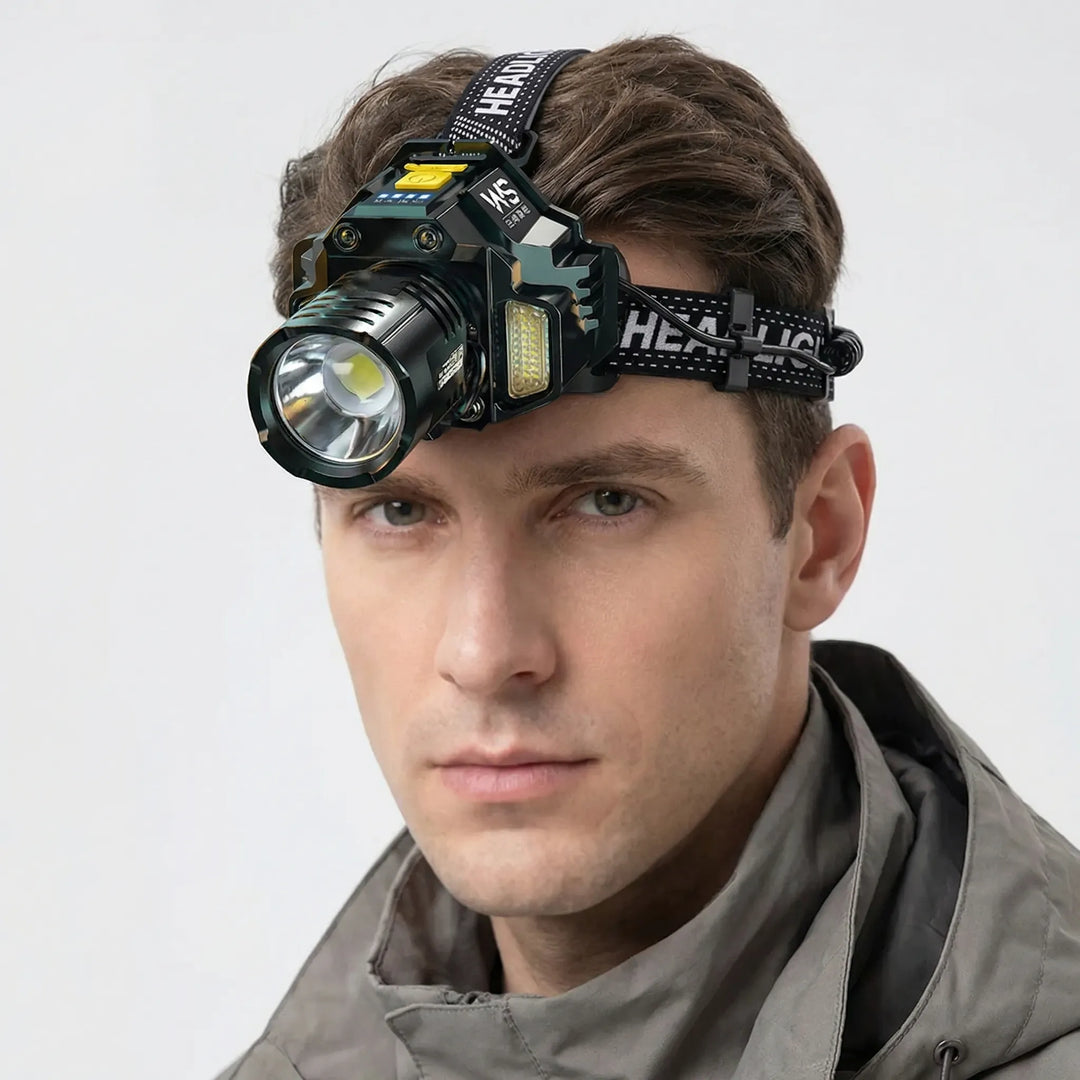 Bright COB LED headlamp, rechargeable with motion sensor for hands-free lighting during fishing, camping & outdoor tasks.