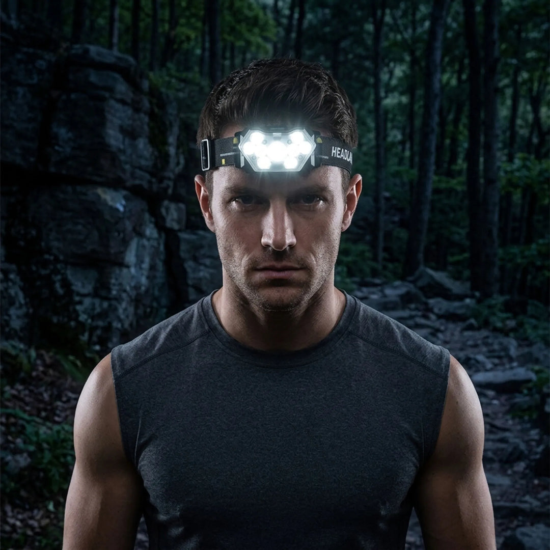 Unisex rechargeable headlamp with motion sensor, perfect for camping, hiking, and hands-free work.