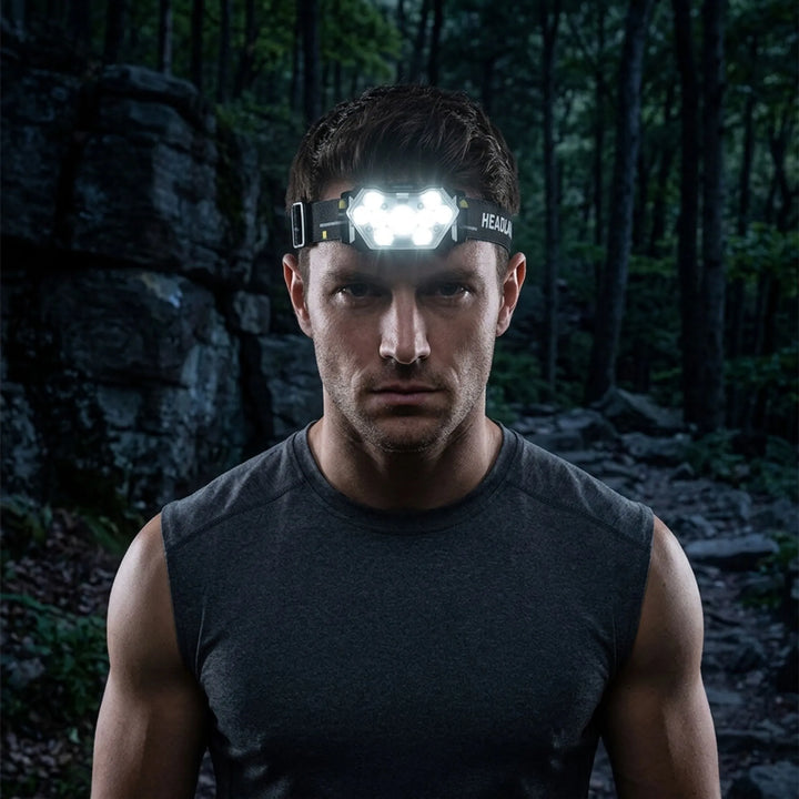 Unisex rechargeable headlamp with motion sensor, perfect for camping, hiking, and hands-free work.