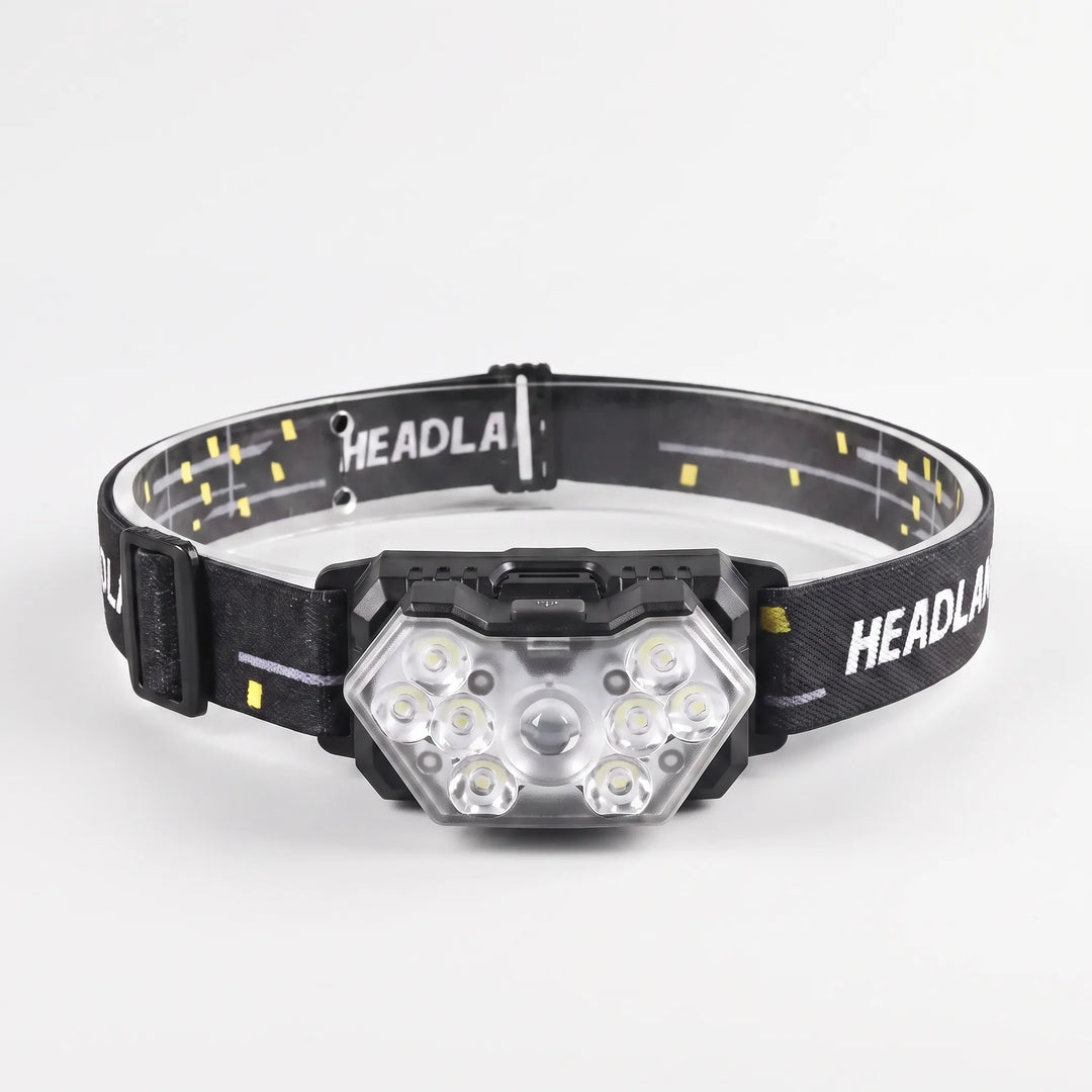 Bright LED headlamp, rechargeable and motion-sensing, ideal for outdoor adventures and work light.