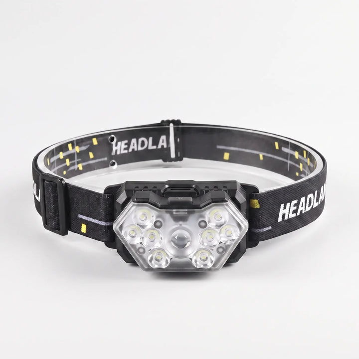Bright LED headlamp, rechargeable and motion-sensing, ideal for outdoor adventures and work light.