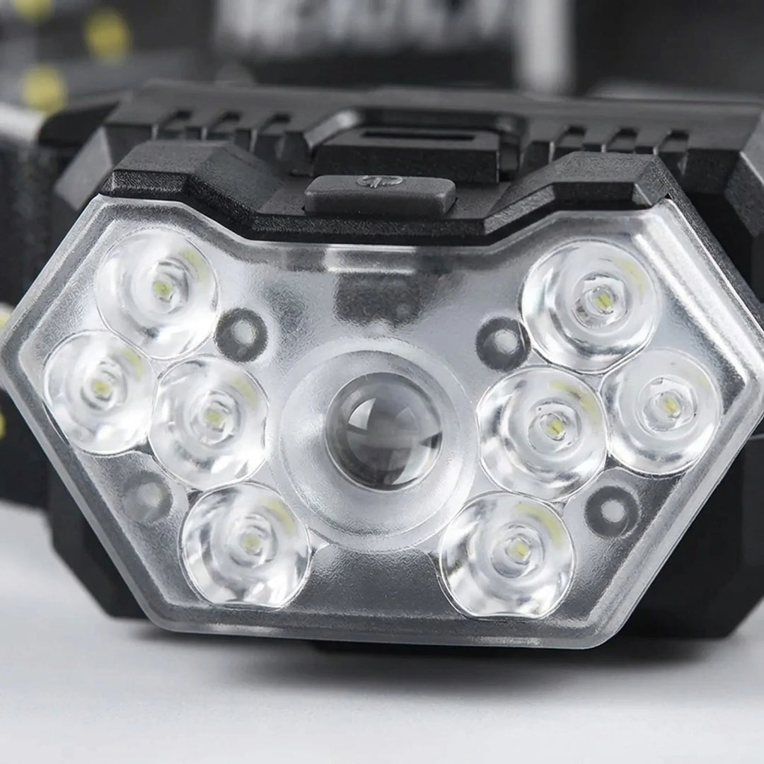 Hands-free rechargeable headlamp for outdoor activities like camping & hiking; features motion sensor.