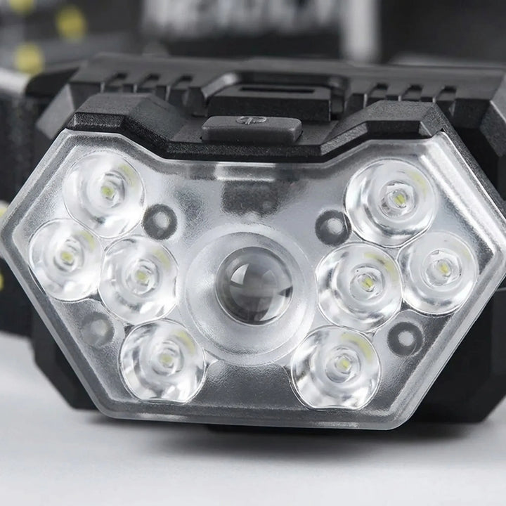 Hands-free rechargeable headlamp for outdoor activities like camping & hiking; features motion sensor.