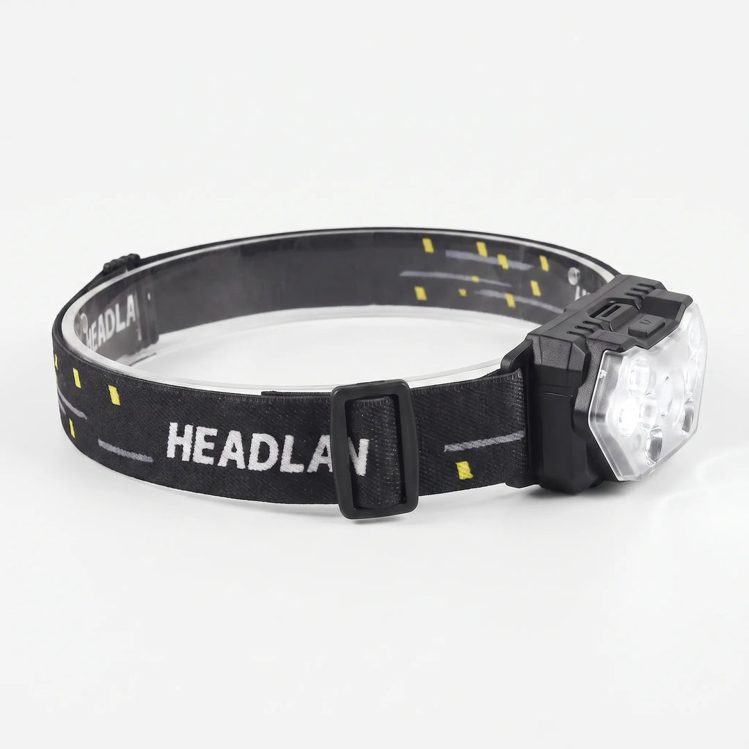 Durable unisex headlamp, LED light, rechargeable, motion sensor for camping, hiking, and work.