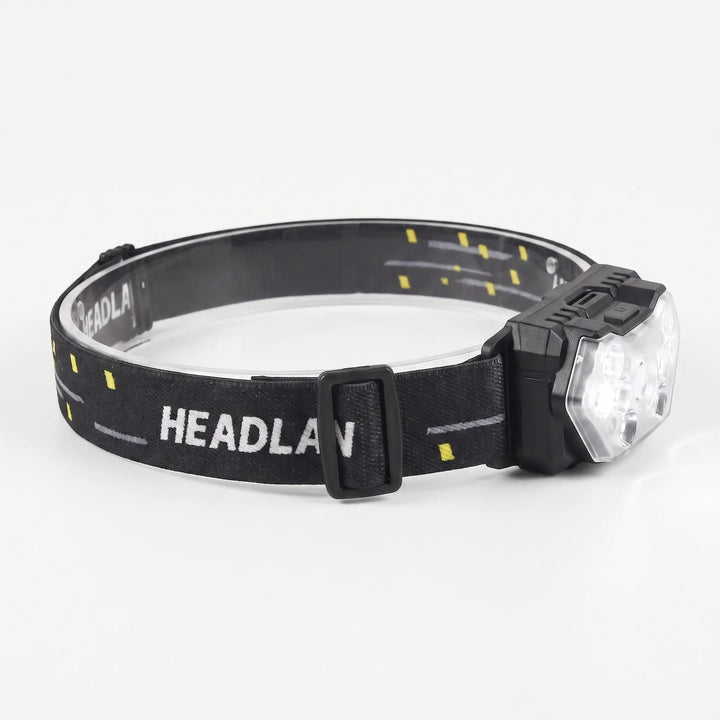Durable unisex headlamp, LED light, rechargeable, motion sensor for camping, hiking, and work.