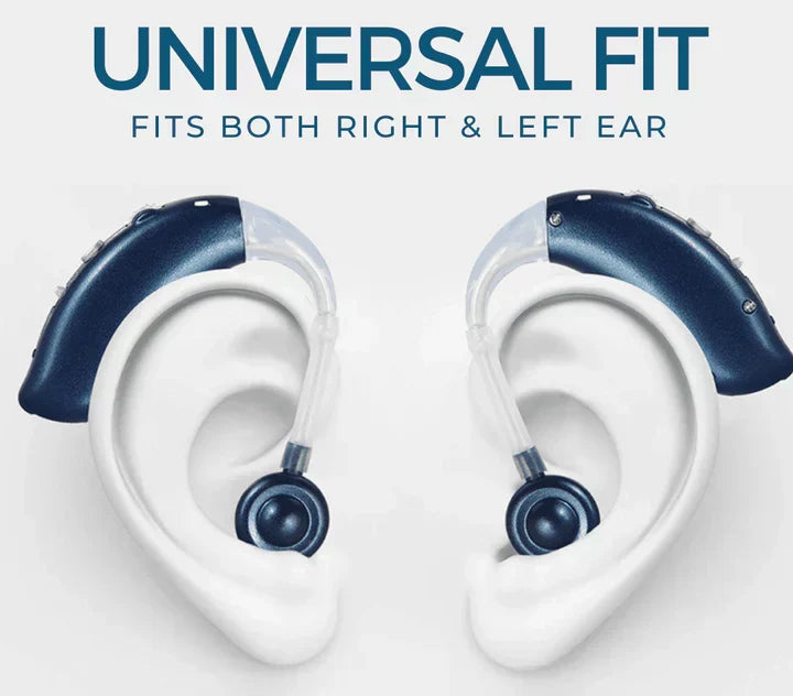 Rechargeable hearing aid with long-lasting battery, easy charge, and comfortable universal fit for seniors.