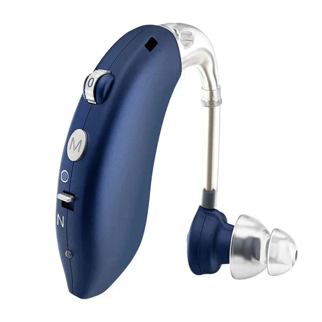 Powerful sound amplifier and ear device providing clear auditory enhancement with universal comfort fit.