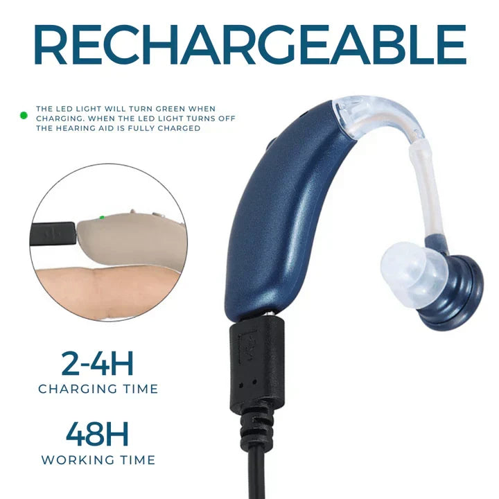 Comfortable personal sound amplifier with universal fit. Easy-charge, long battery, and clear sound for all.