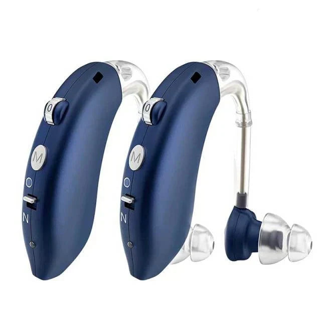 Discreet ear device for senior care: rechargeable hearing assistant offering clear sound and auditory enhancement.