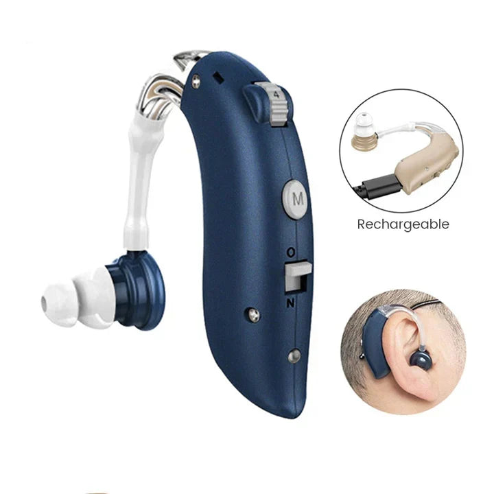 Unisex rechargeable hearing aid, universal comfort fit, delivers clear sound with long battery and easy charge.