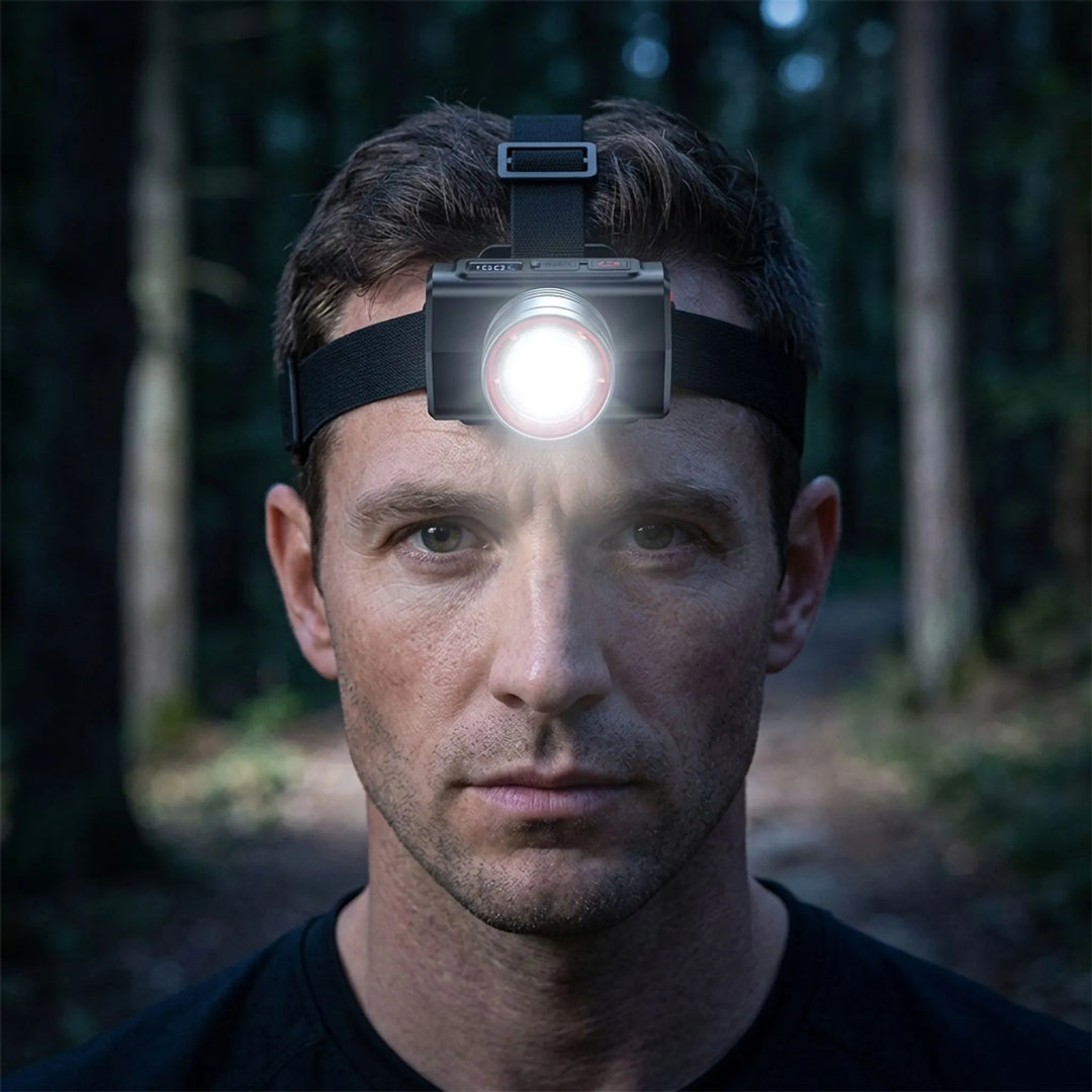 Unisex rechargeable LED headlamp for hands-free outdoor activities like camping, hiking, and work. Bright, durable light.