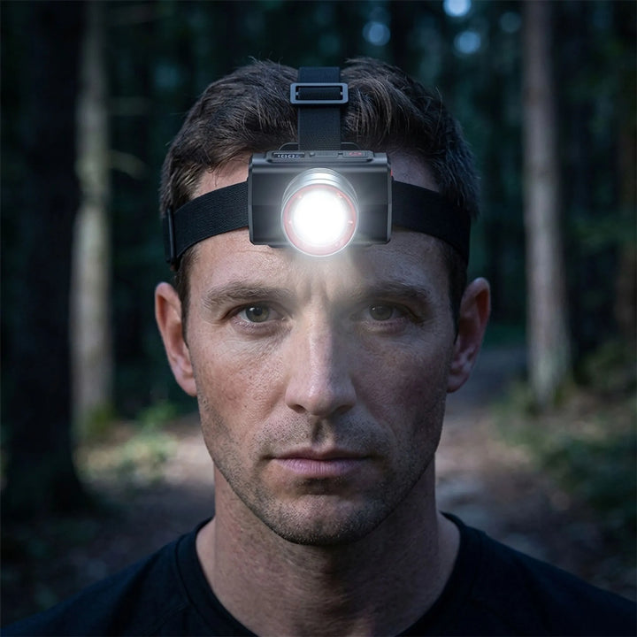 Unisex rechargeable LED headlamp for hands-free outdoor activities like camping, hiking, and work. Bright, durable light.