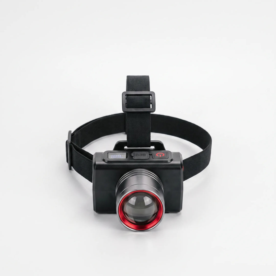 Durable unisex rechargeable LED headlamp. Bright, hands-free light for all outdoor activities, emergency, and work use.