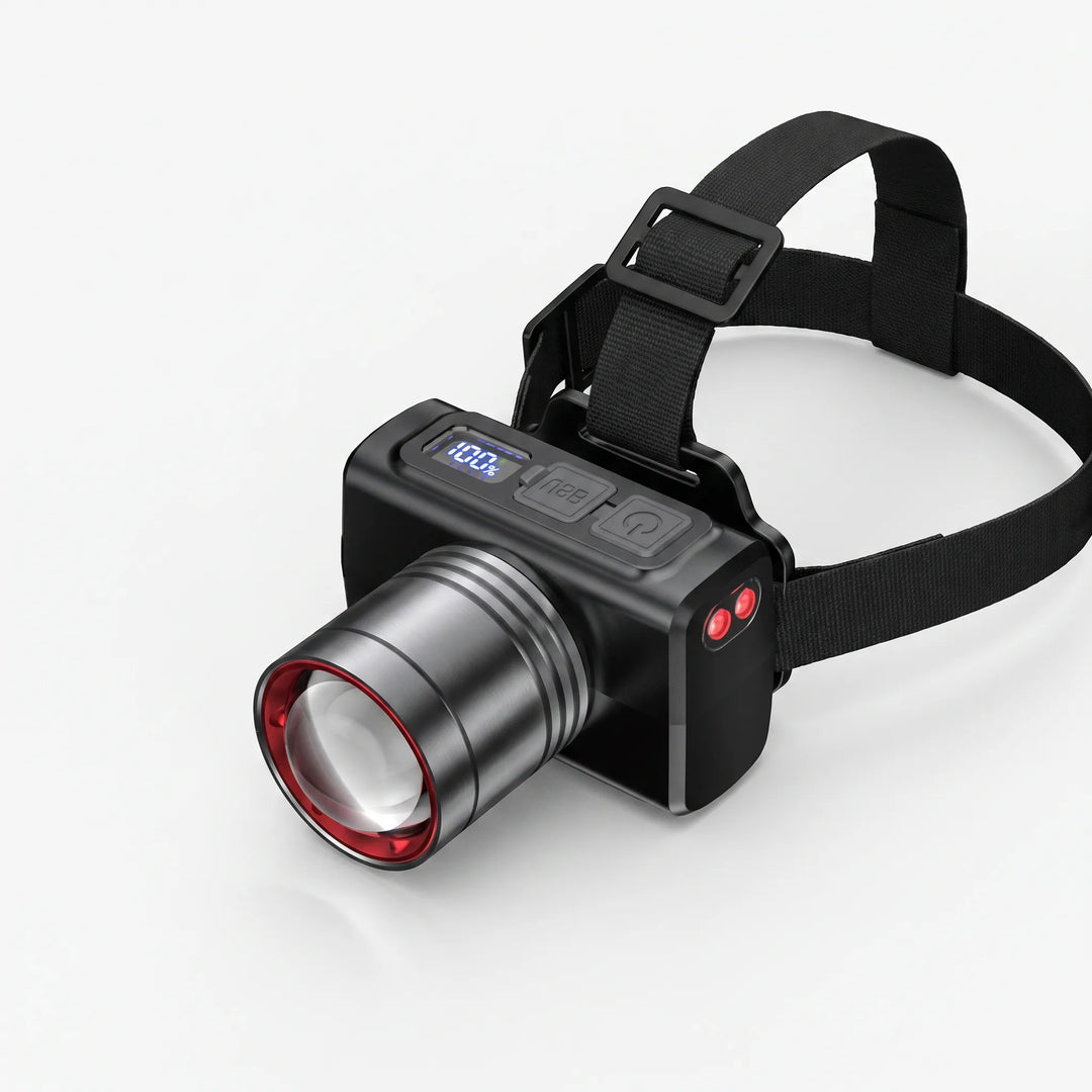 Compact rechargeable LED headlamp. Essential hands-free outdoor gear for camping, hiking, fishing, and night work.
