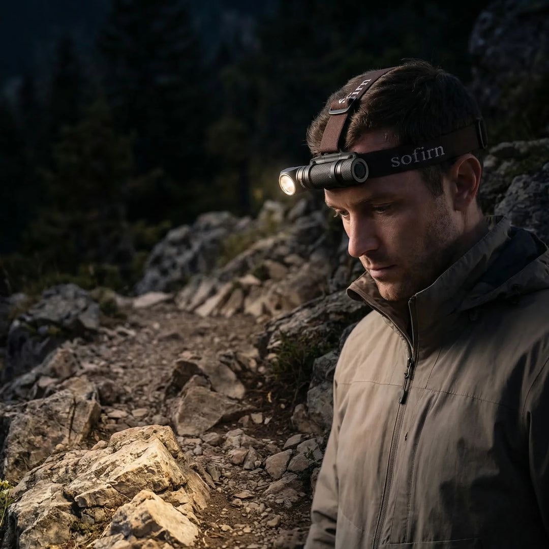 Unisex rechargeable LED headlamp with magnetic base, offering hands-free light for camping, hiking, & work.