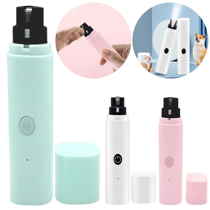 Close-up of electric pet nail file with LED light, ideal for painless dog and cat nail trimming