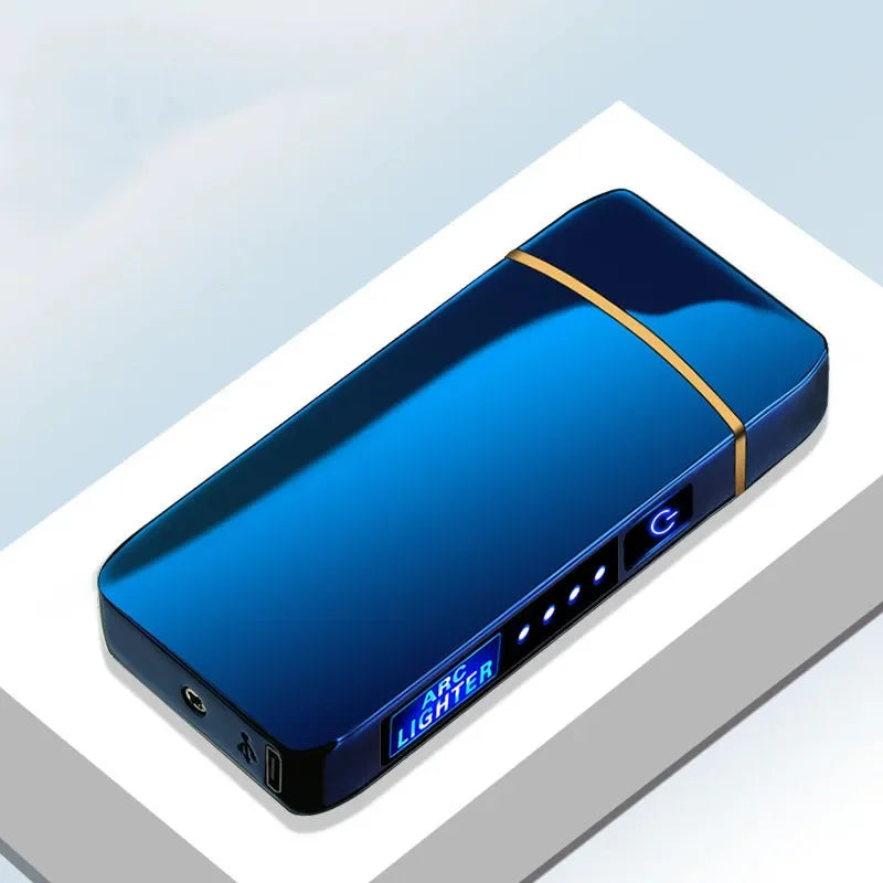 Silver windproof USB rechargeable plasma arc lighter, flameless & eco-friendly.