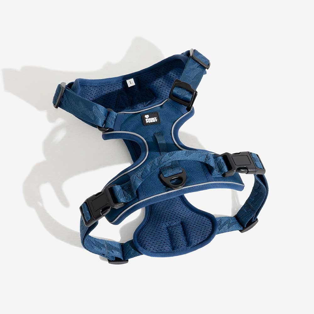 Reflective adjustable outdoor dog harness with multiple adjustment points for custom fit.