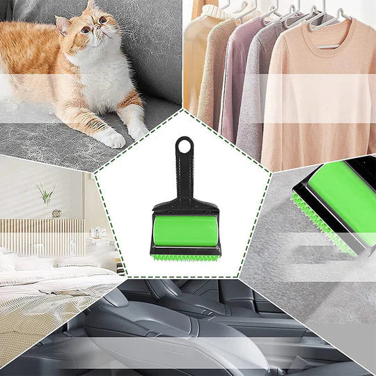 Unisex pet hair remover, showcasing its ability to easily pick up dog and cat fur and lint.
