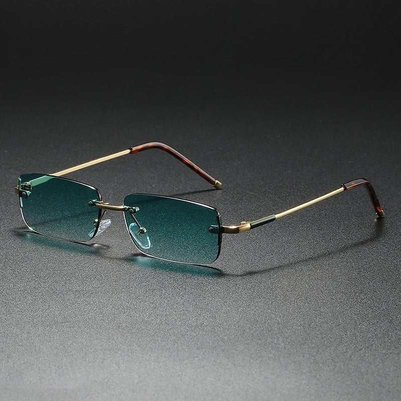 Unisex rimless rectangular sunglasses with gradient lenses and stylish gold accents.