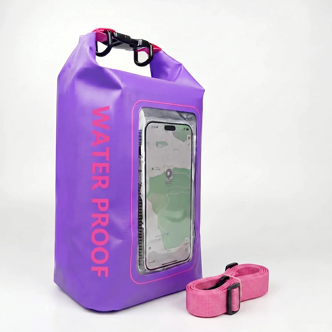Compact roll-top dry bag protects valuables. Touchscreen window keeps phone safe & usable on adventures.