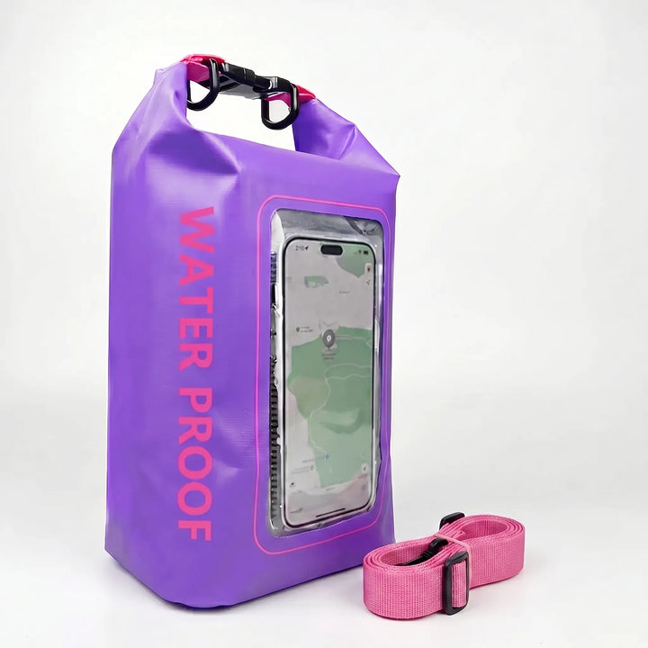 Compact roll-top dry bag protects valuables. Touchscreen window keeps phone safe & usable on adventures.