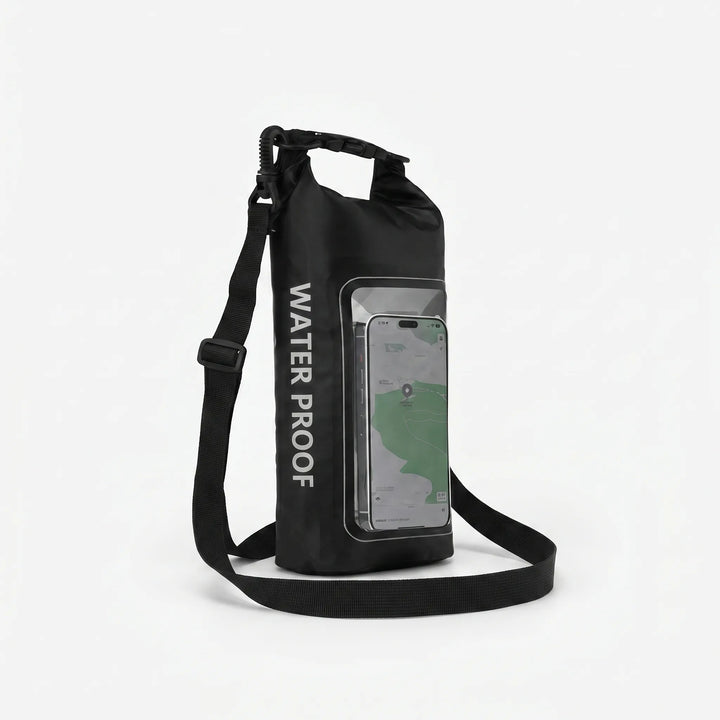 Multi-purpose waterproof dry bag for hiking, camping, & beach days. Features a clear touchscreen phone window.