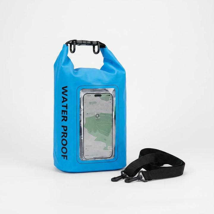 Unisex outdoor gear: roll-top dry bag with touchscreen window for secure, dry phone use during activities.