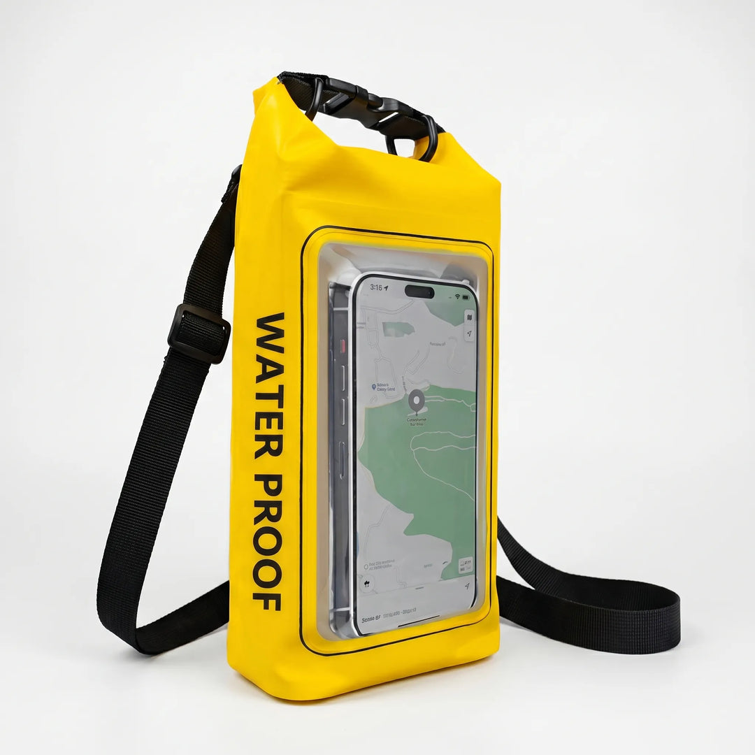Durable waterproof dry bag for protecting electronics & essentials on water, with a functional touchscreen window.