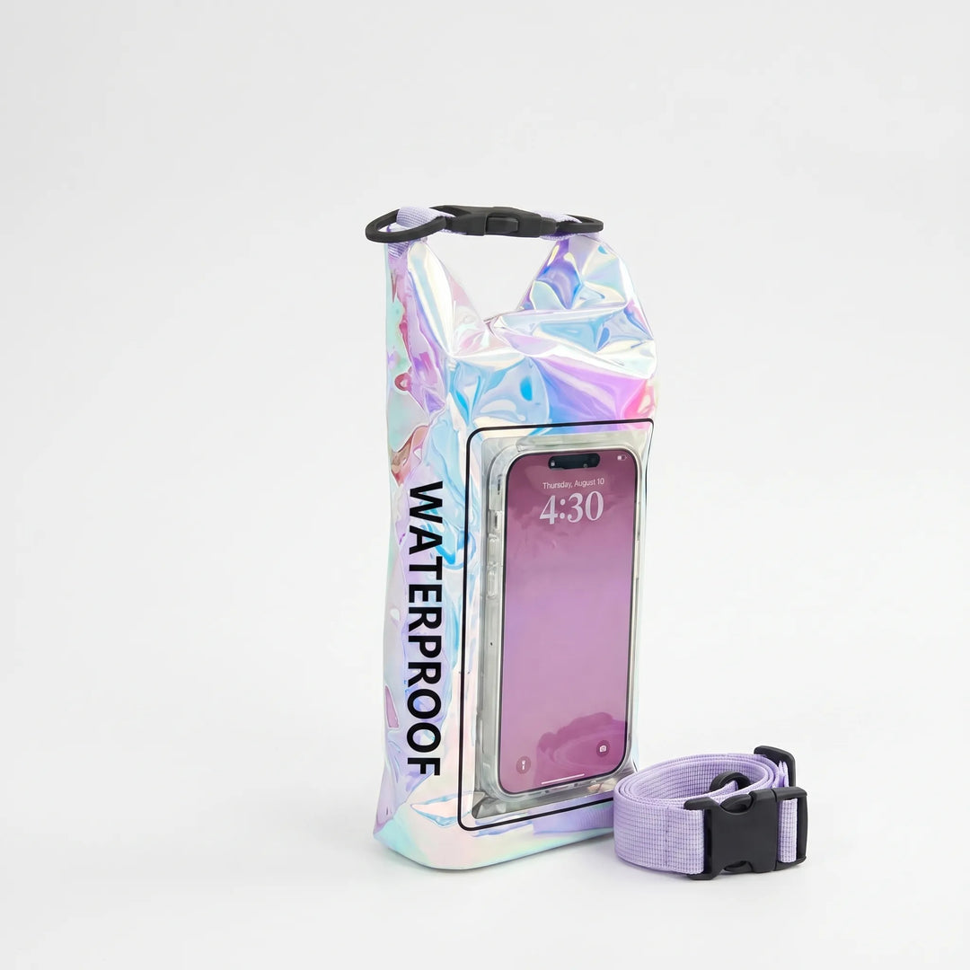 Durable roll-top dry bag protects gear from water, sand. Features a secure touchscreen window for smartphones.