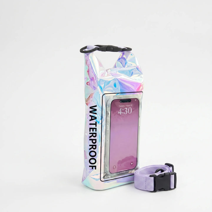 Durable roll-top dry bag protects gear from water, sand. Features a secure touchscreen window for smartphones.