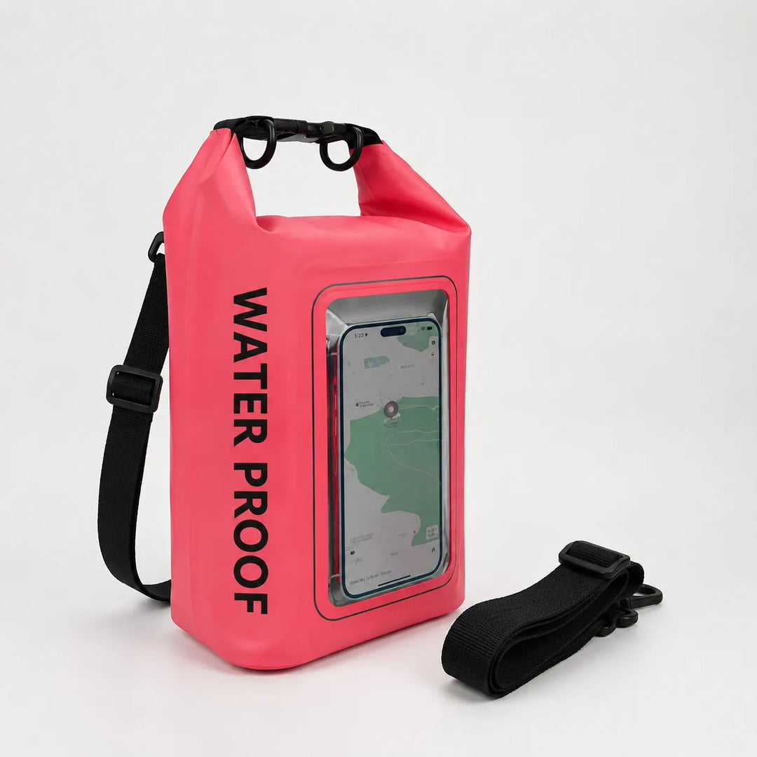 Adventure-proof dry bag: roll-top design, waterproof protection, and a clear window for touchscreen access.