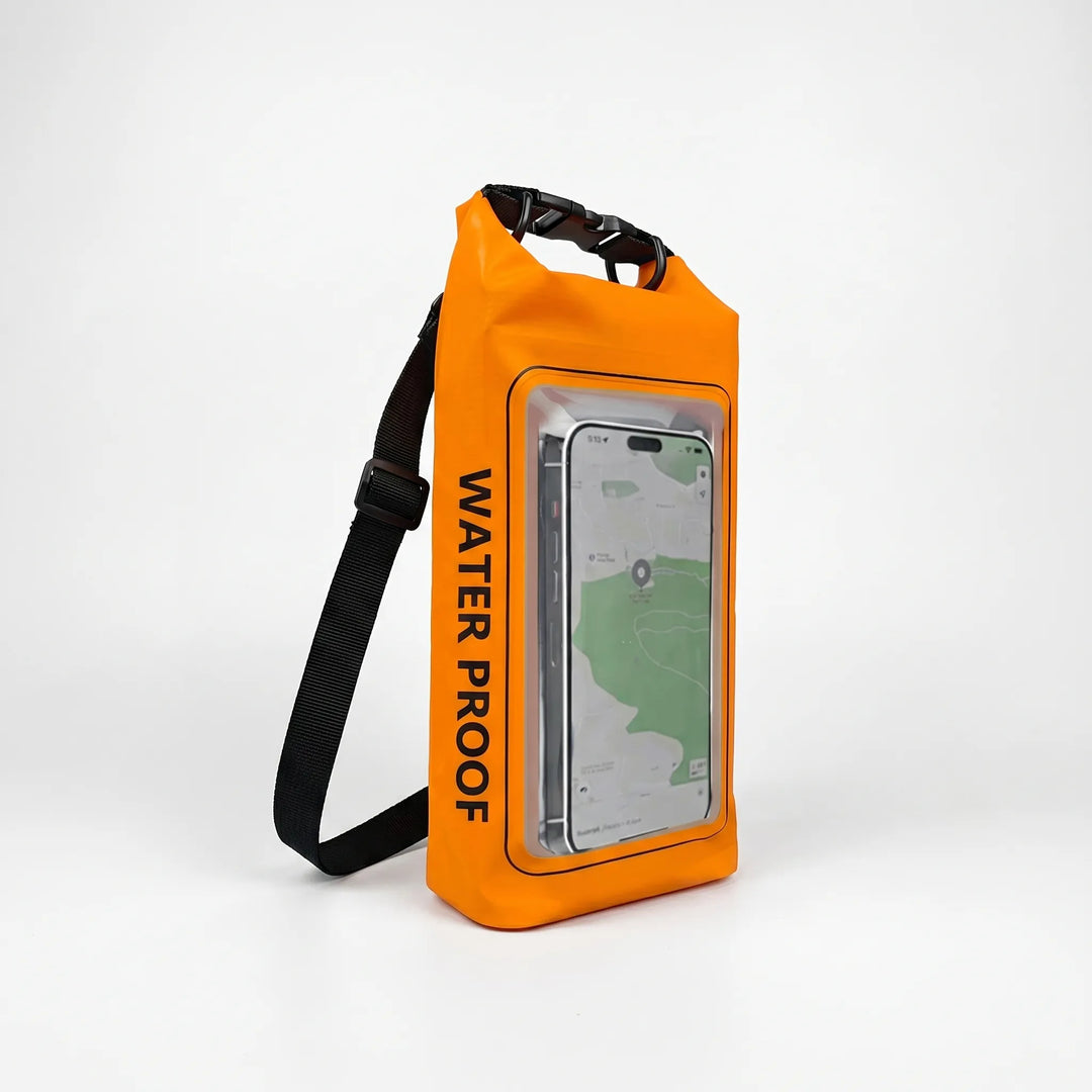 Keep gear safe & dry: unisex roll-top waterproof dry bag with a convenient touchscreen phone window.